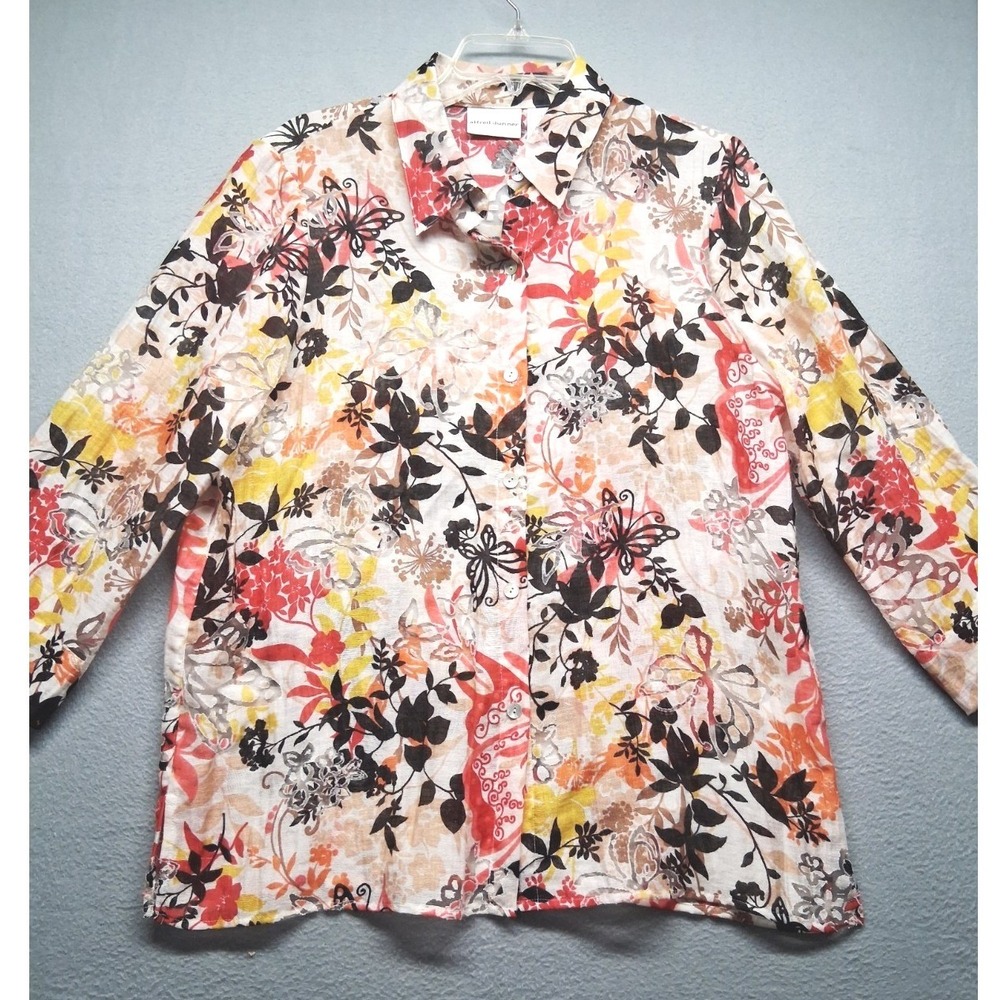 Alfred Dunner Womens Floral Butterfly Button Up Blouse Red Orange Yellow Size 12